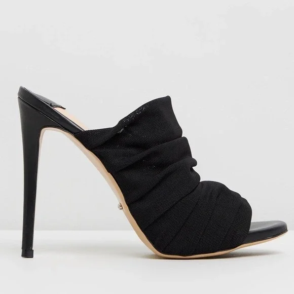 Tony Bianco Black Adee Mesh Ruched High Heel Mules - Picture 2 of 14